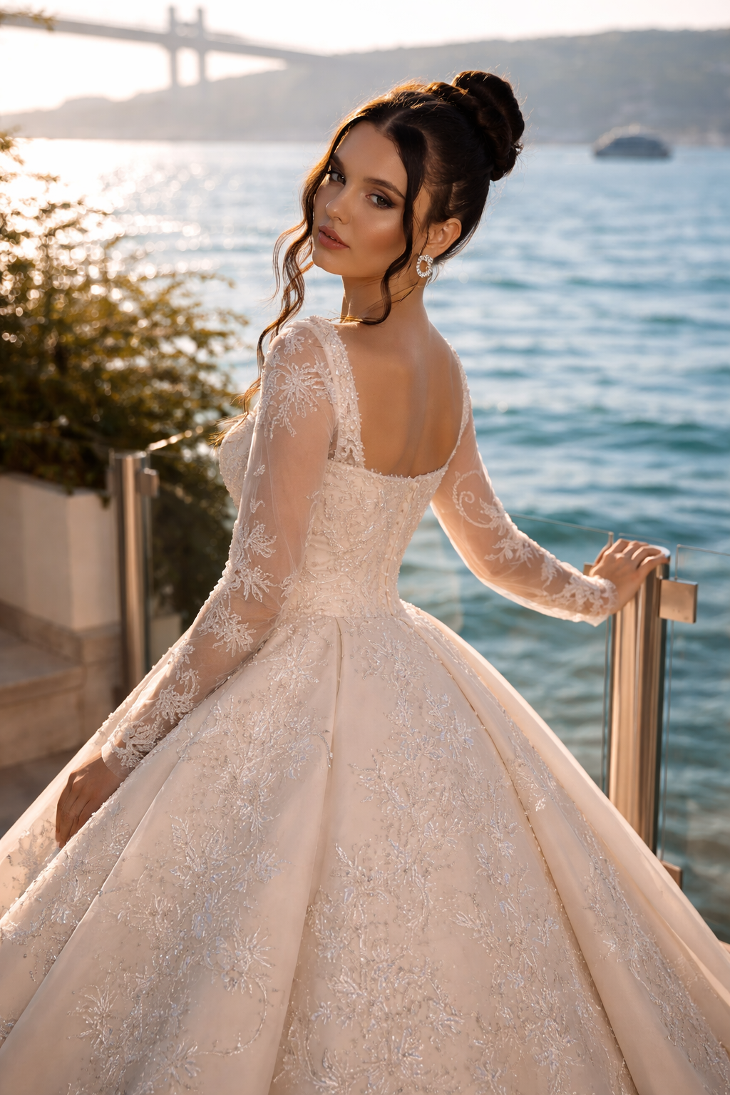 Chapel Train Wedding Dress | Square Collar Pearl Beaded Lace