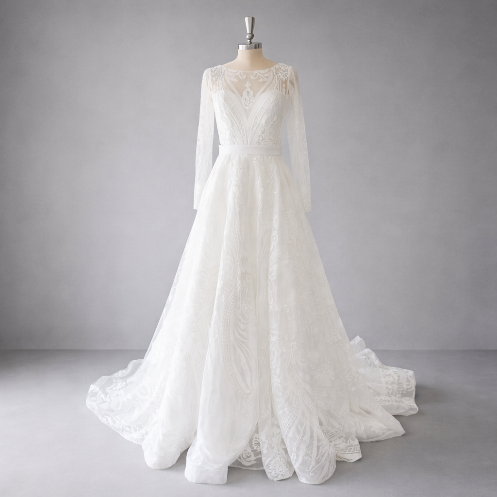 Sequin A-Line Evening Dress | Full Sleeve O-Neck Sweep Train