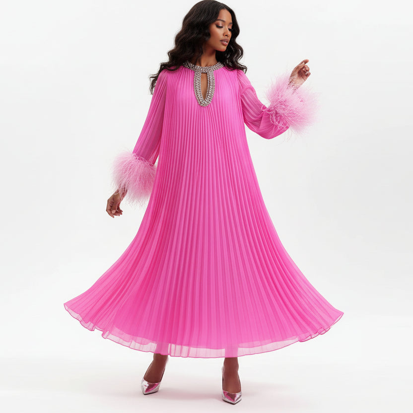 2025 Autumn New High-End Round Neck Rhinestone Ostrich Feather Long Dress with Patchwork Long Sleeves and Pleated Skirt for Women Empire Rose