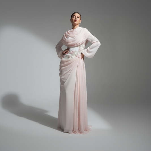 Woman wearing a long, light pink dress with a floral belt against a gray background