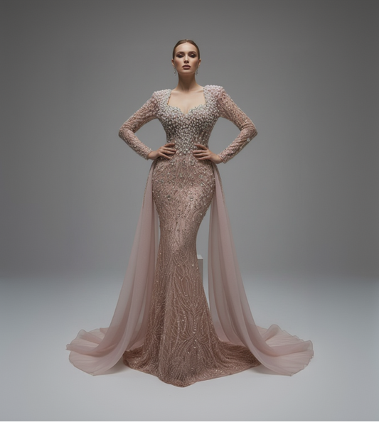 Woman wearing a sparkling evening gown with a long train on a gray background