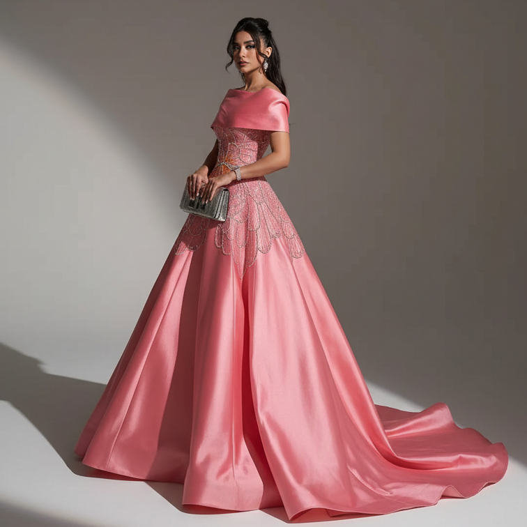 Woman in a pink evening gown standing against a plain background