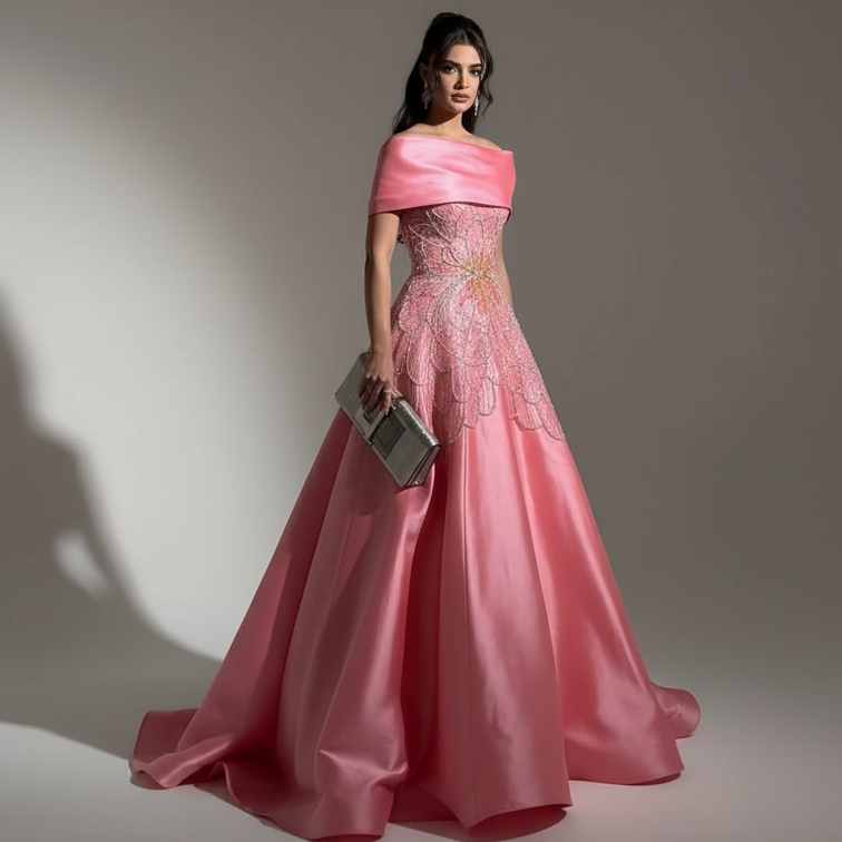 Woman in a pink evening gown holding a clutch against a gray background