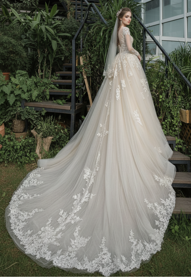 Bride in a lace wedding gown with a long train standing in a garden setting.