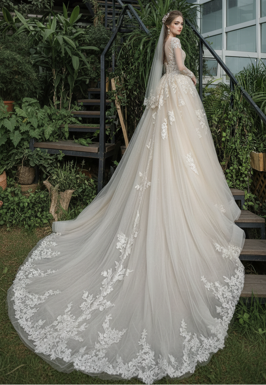 Bride in a lace wedding gown with a long train standing in a garden setting.