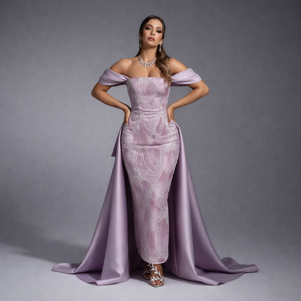 Woman wearing a lavender evening gown with a long train on a gray background