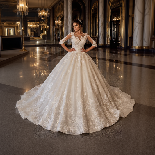 Embroidered Ball Gown Wedding Dress | Beaded Half Sleeves