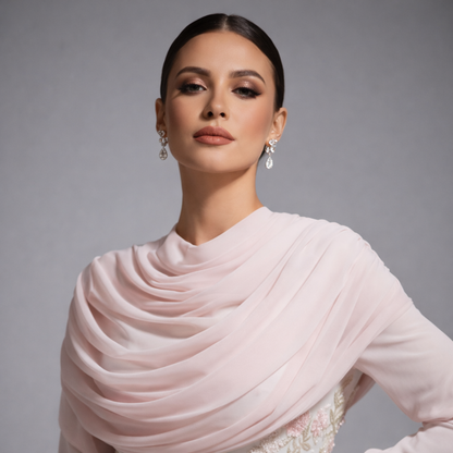 Woman wearing a light pink draped garment against a gray background