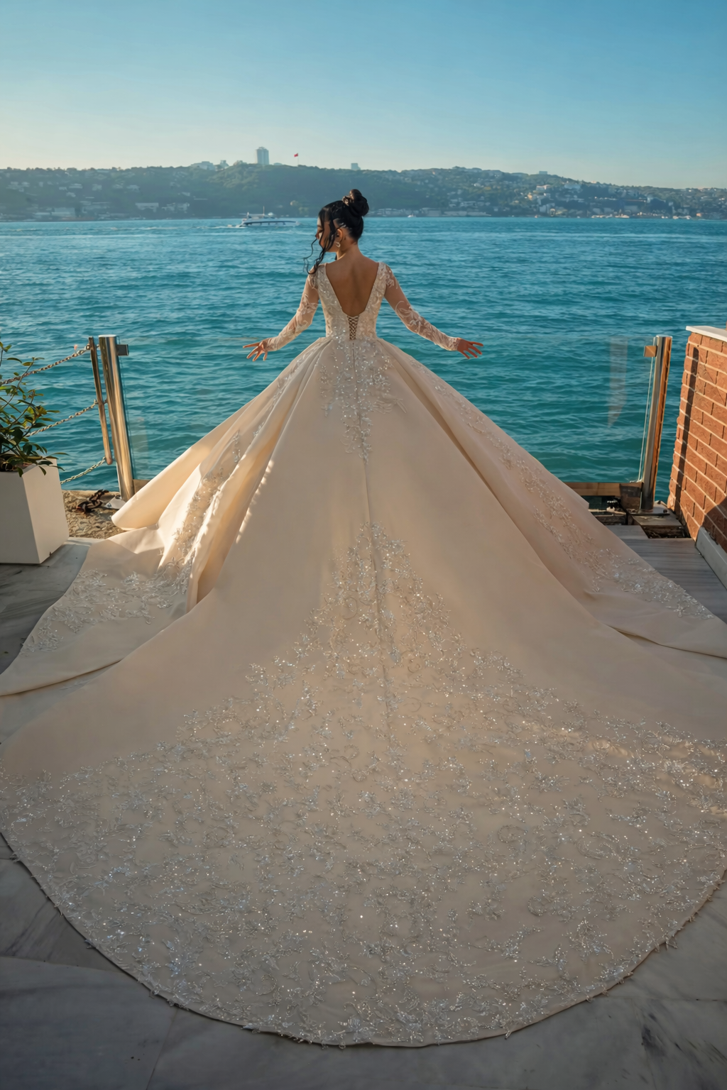 Chapel Train Wedding Dress | Square Collar Pearl Beaded Lace