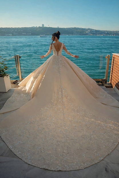 Chapel Train Wedding Dress | Square Collar Pearl Beaded Lace