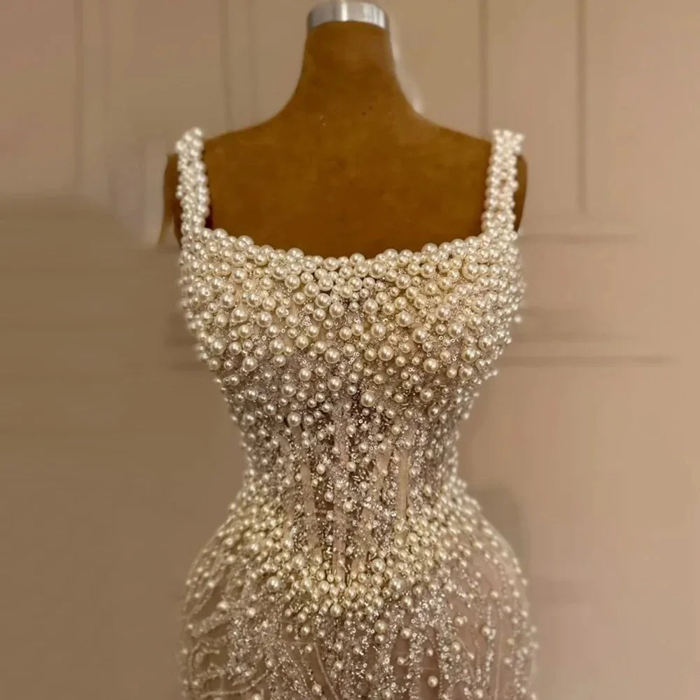 Pearl Beaded Lace Mermaid Evening Dress | Square Neck Court Train
