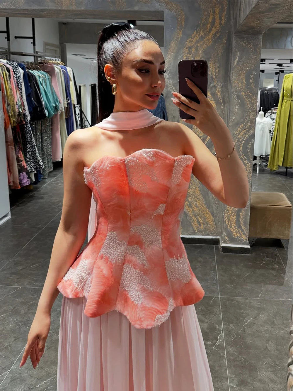 Beaded Tulle A-Line Evening Dress | Strapless Court Train Formal