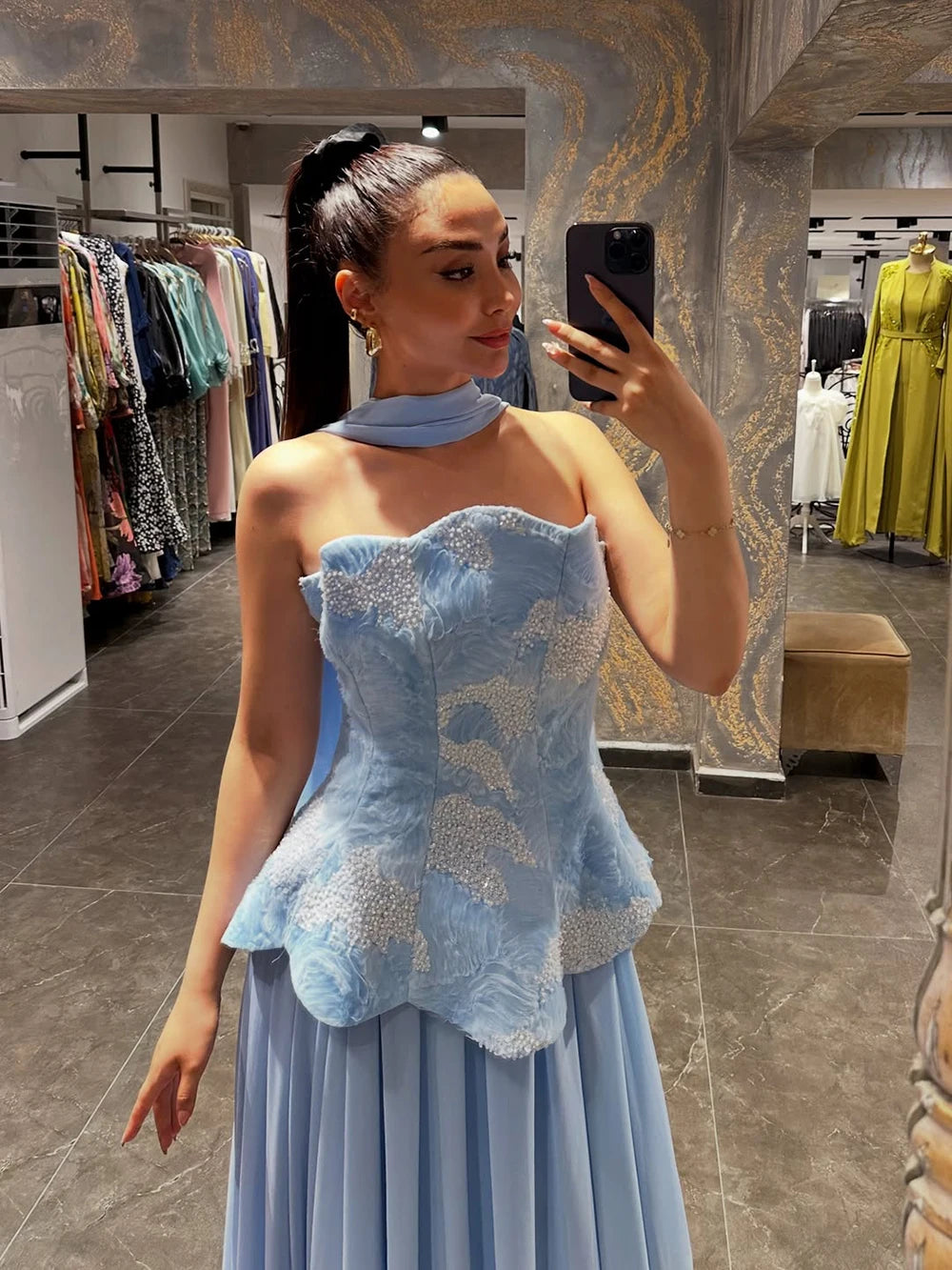 Beaded Tulle A-Line Evening Dress | Strapless Court Train Formal