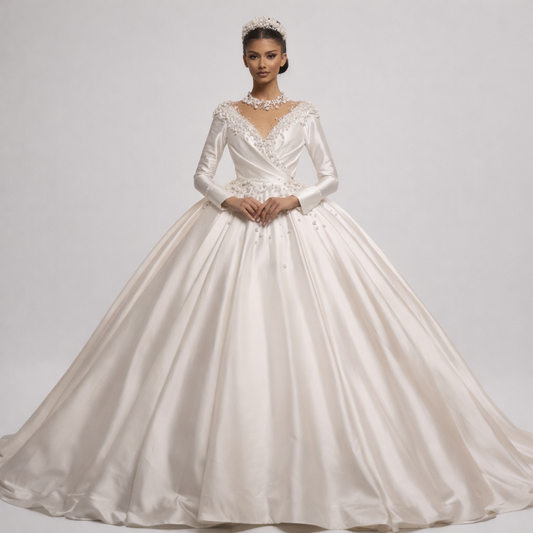 Pearl Beaded Ball Gown Wedding Dress | Satin Full Sleeve Court Train