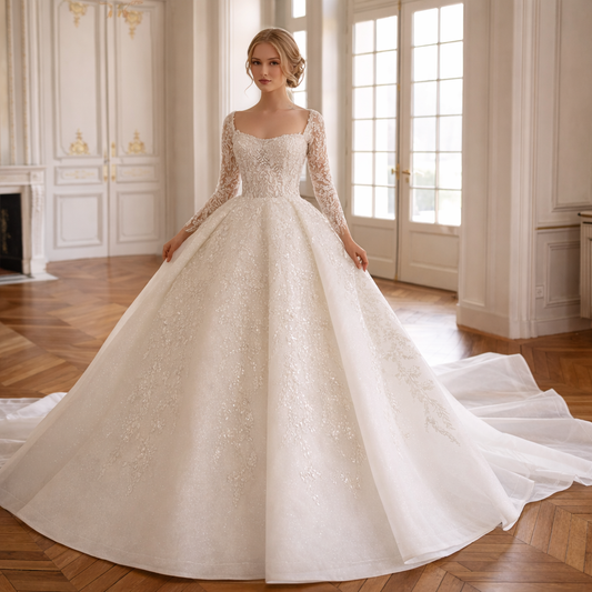 Vintage Ball Gown Wedding Dress | Embroidered Lace Square Collar