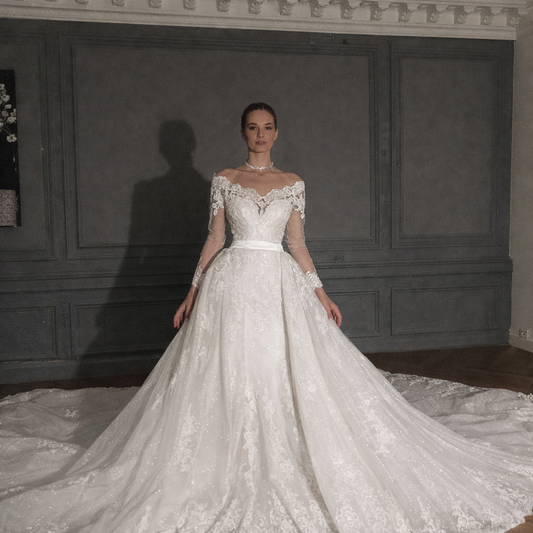 2 in 1 Mermaid Wedding Dress | Removable Train Off Shoulder Lace