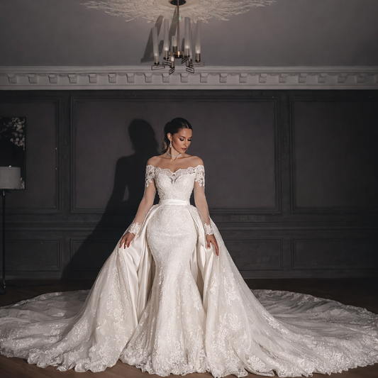 Off Shoulder Mermaid Wedding Dress | Lace Pearl Chapel Train