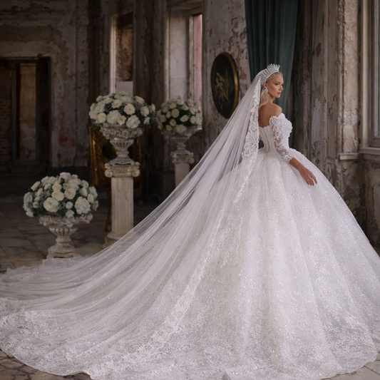 Sequined Ball Gown Wedding Dress | Off Shoulder Pearl Crystal