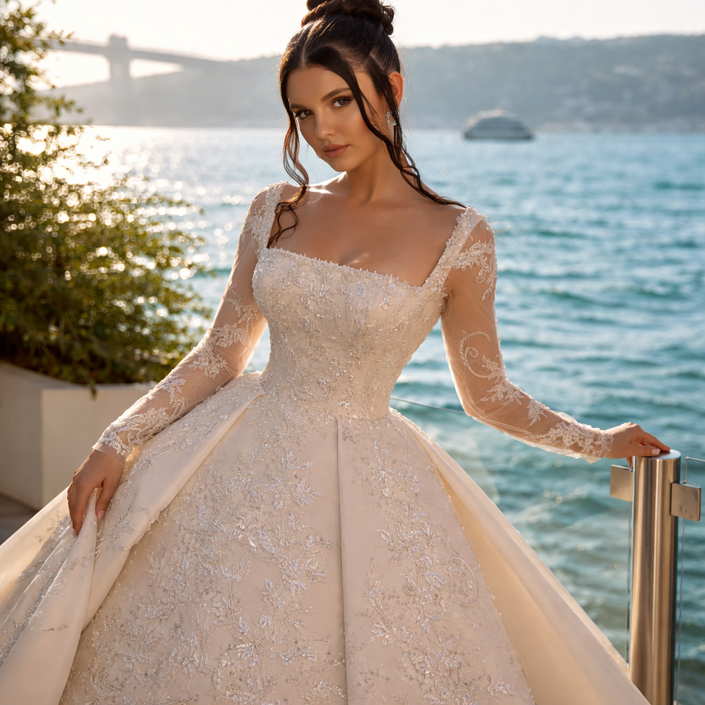 Chapel Train Wedding Dress | Square Collar Pearl Beaded Lace