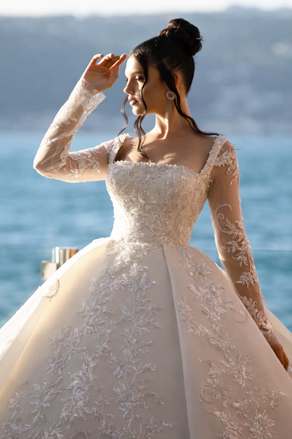 Chapel Train Wedding Dress | Square Collar Pearl Beaded Lace