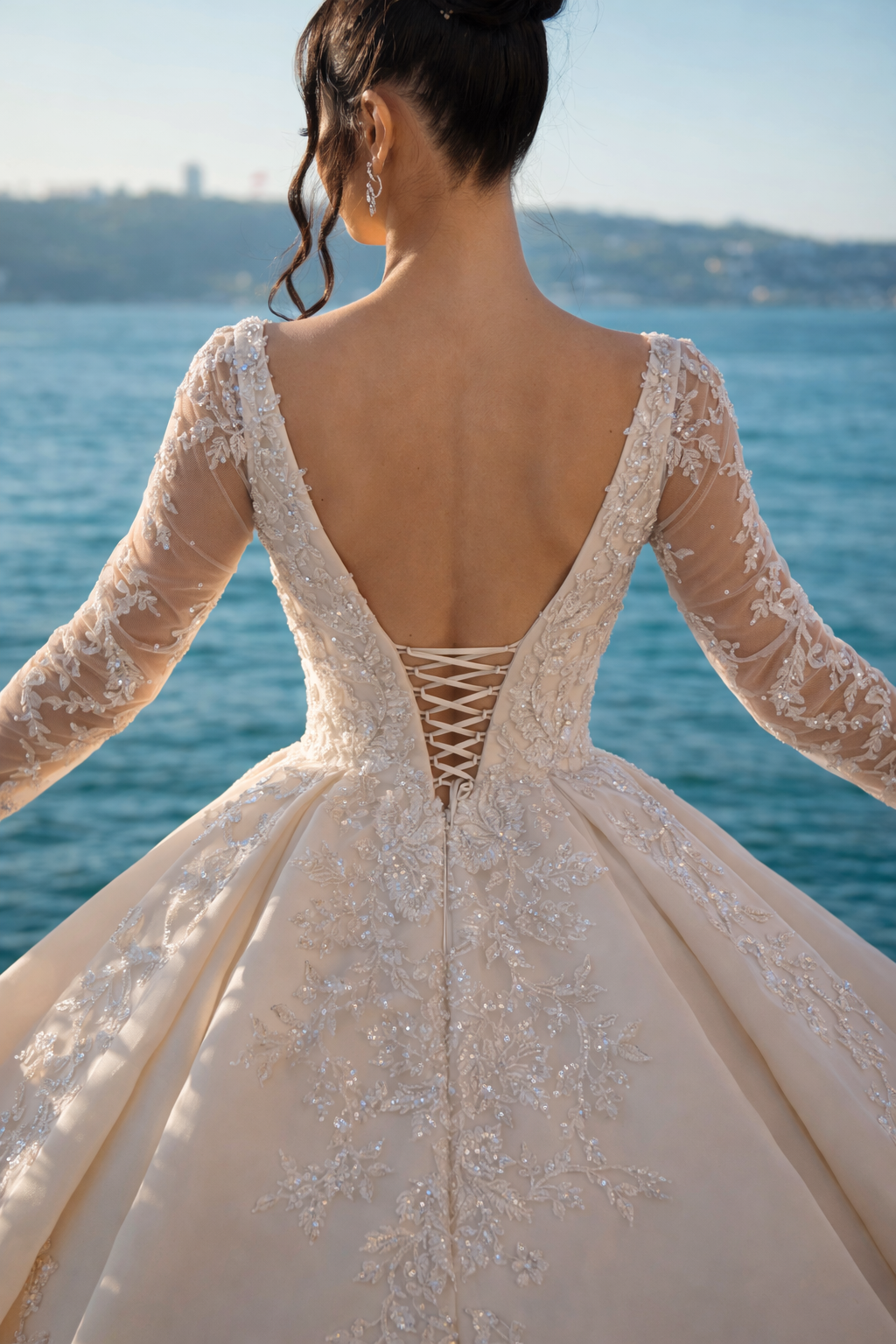 Chapel Train Wedding Dress | Square Collar Pearl Beaded Lace