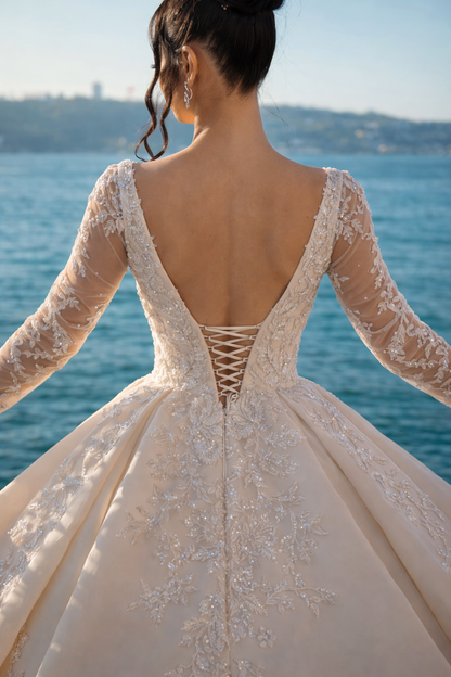 Chapel Train Wedding Dress | Square Collar Pearl Beaded Lace