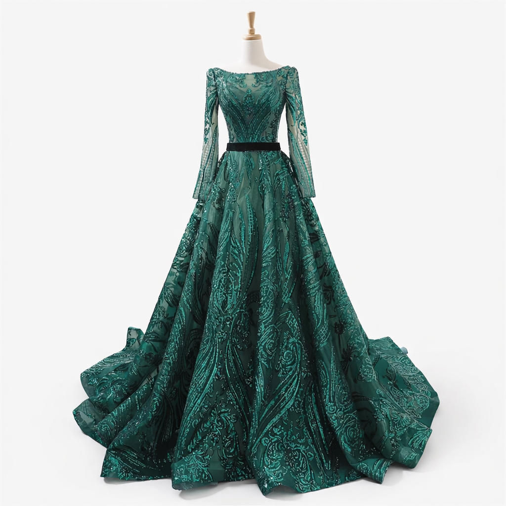 Sequin A-Line Evening Dress | Full Sleeve O-Neck Sweep Train