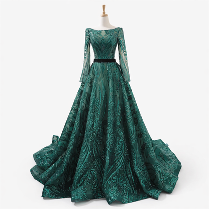 Sequin A-Line Evening Dress | Full Sleeve O-Neck Sweep Train