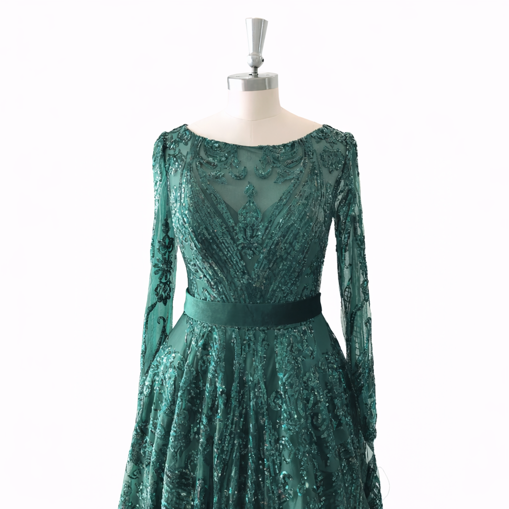 Sequin A-Line Evening Dress | Full Sleeve O-Neck Sweep Train