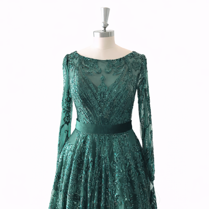 Sequin A-Line Evening Dress | Full Sleeve O-Neck Sweep Train