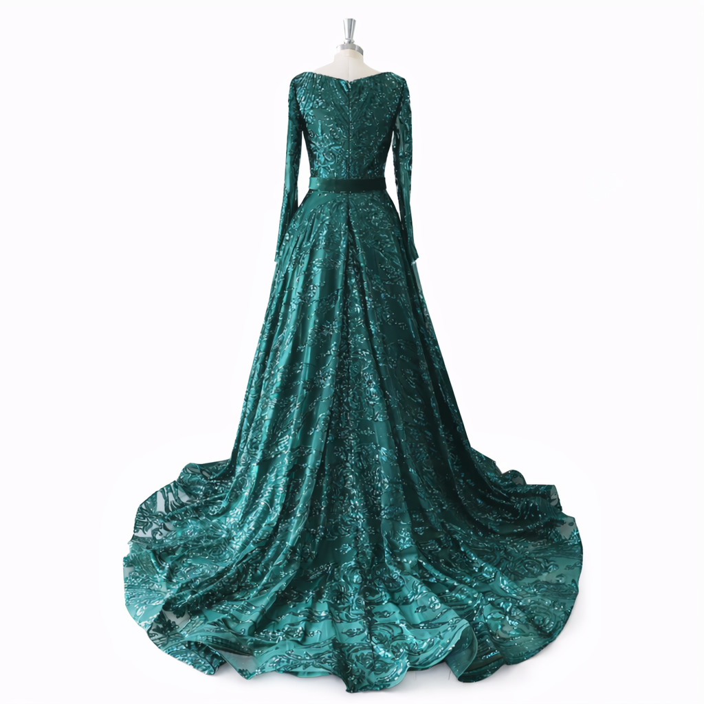 Sequin A-Line Evening Dress | Full Sleeve O-Neck Sweep Train