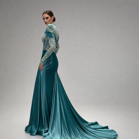 Pearl Embellished Velvet Mermaid Evening Dress | Full Sleeve
