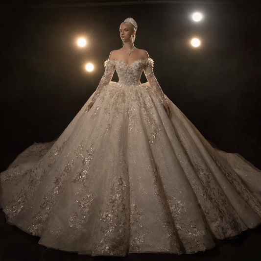 Elegant wedding gown with intricate details on a dark background