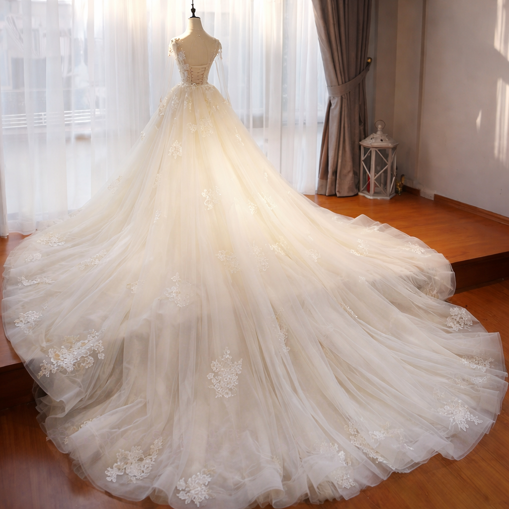 Elegant white wedding dress with floral details on a wooden floor.