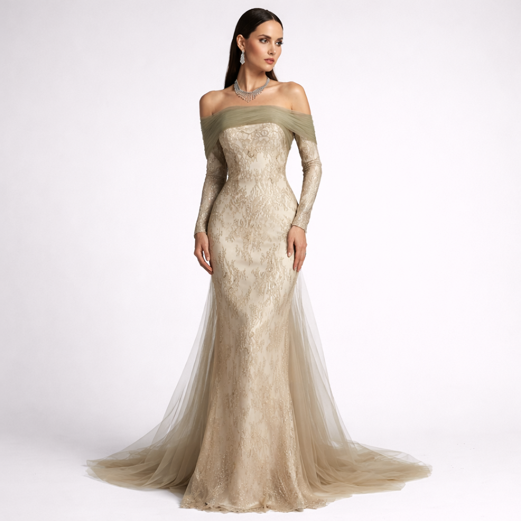 Woman wearing a long, elegant dress with a green bodice on a white background