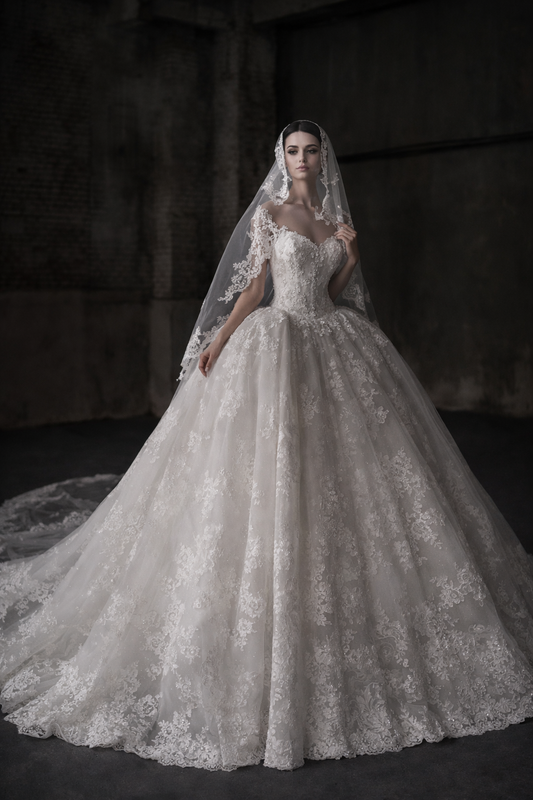 Lace Ball Gown Wedding Dress | Off Shoulder Pearl Beading