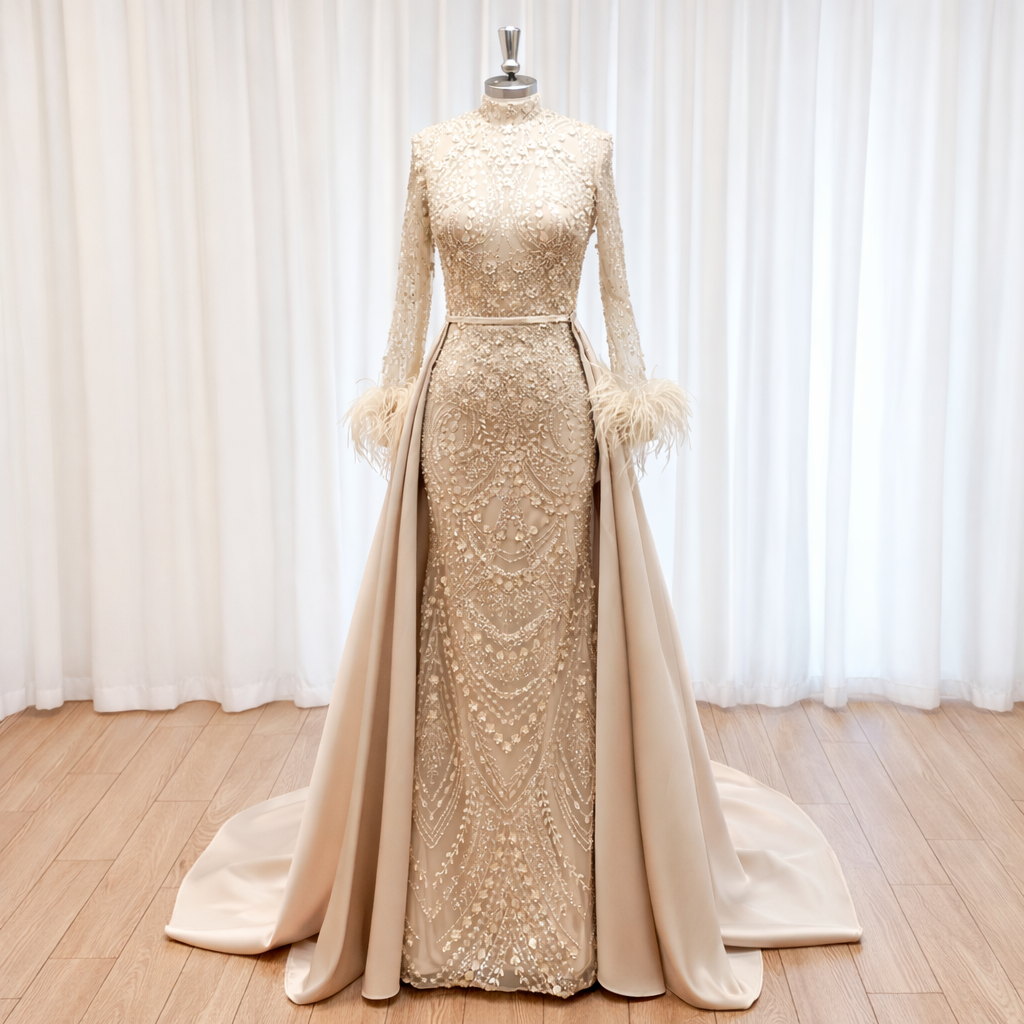 Gold evening gown with long train on a mannequin against a white curtain background