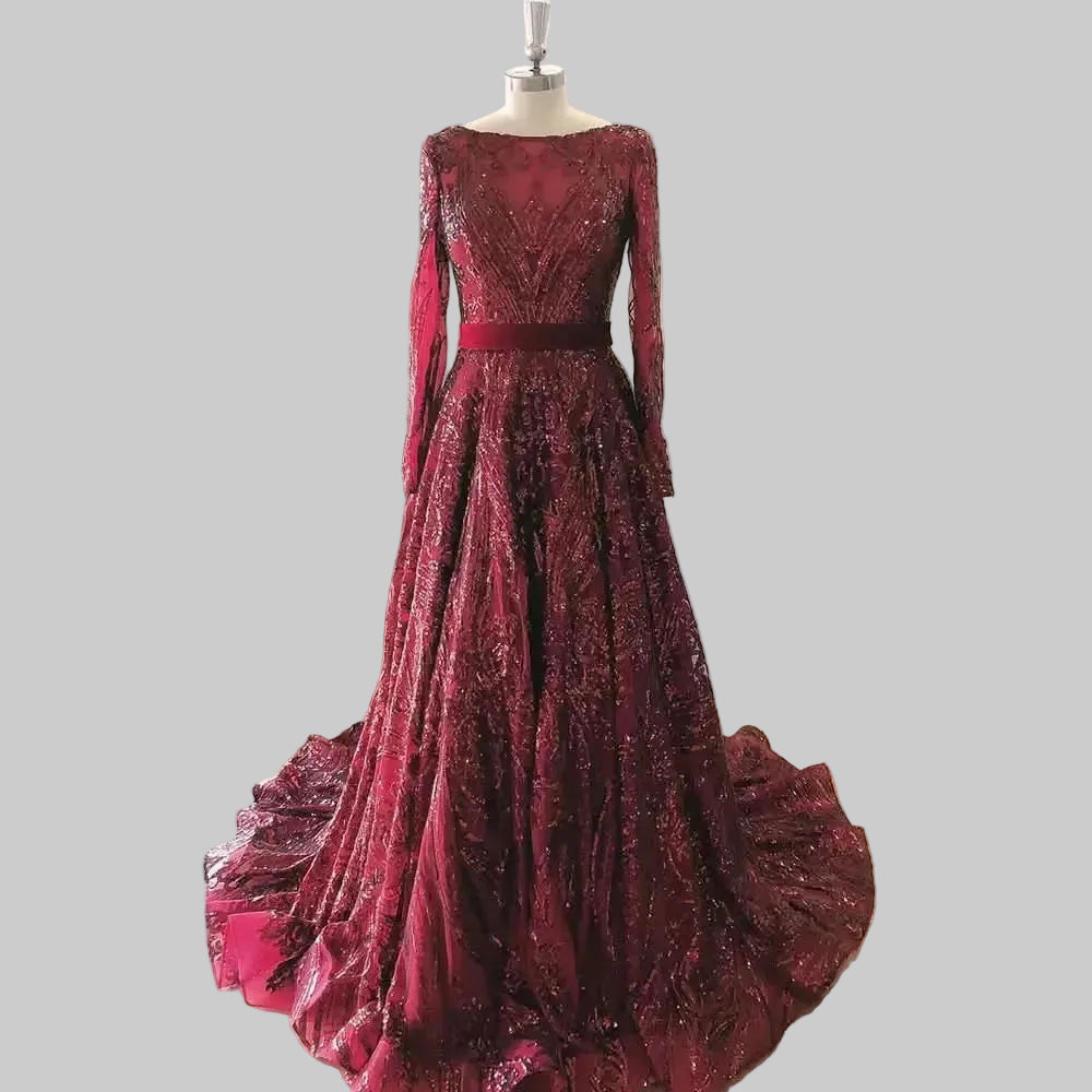 Dubai A-Line Luxury Wedding Evening Dress for Women Muslim 2025 Long Sleeves Sequin Plus Size Formal Prom Party Gown Customized wine-lace up China Mainland H2e9e772fe189493899051ef16ae876c09 Empire Rose
