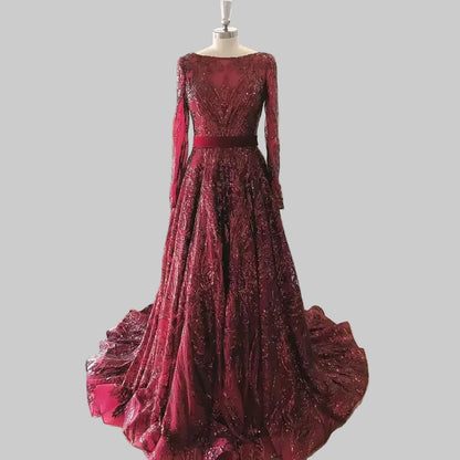Dubai A-Line Luxury Wedding Evening Dress for Women Muslim 2025 Long Sleeves Sequin Plus Size Formal Prom Party Gown Customized wine-lace up China Mainland H2e9e772fe189493899051ef16ae876c09 Empire Rose