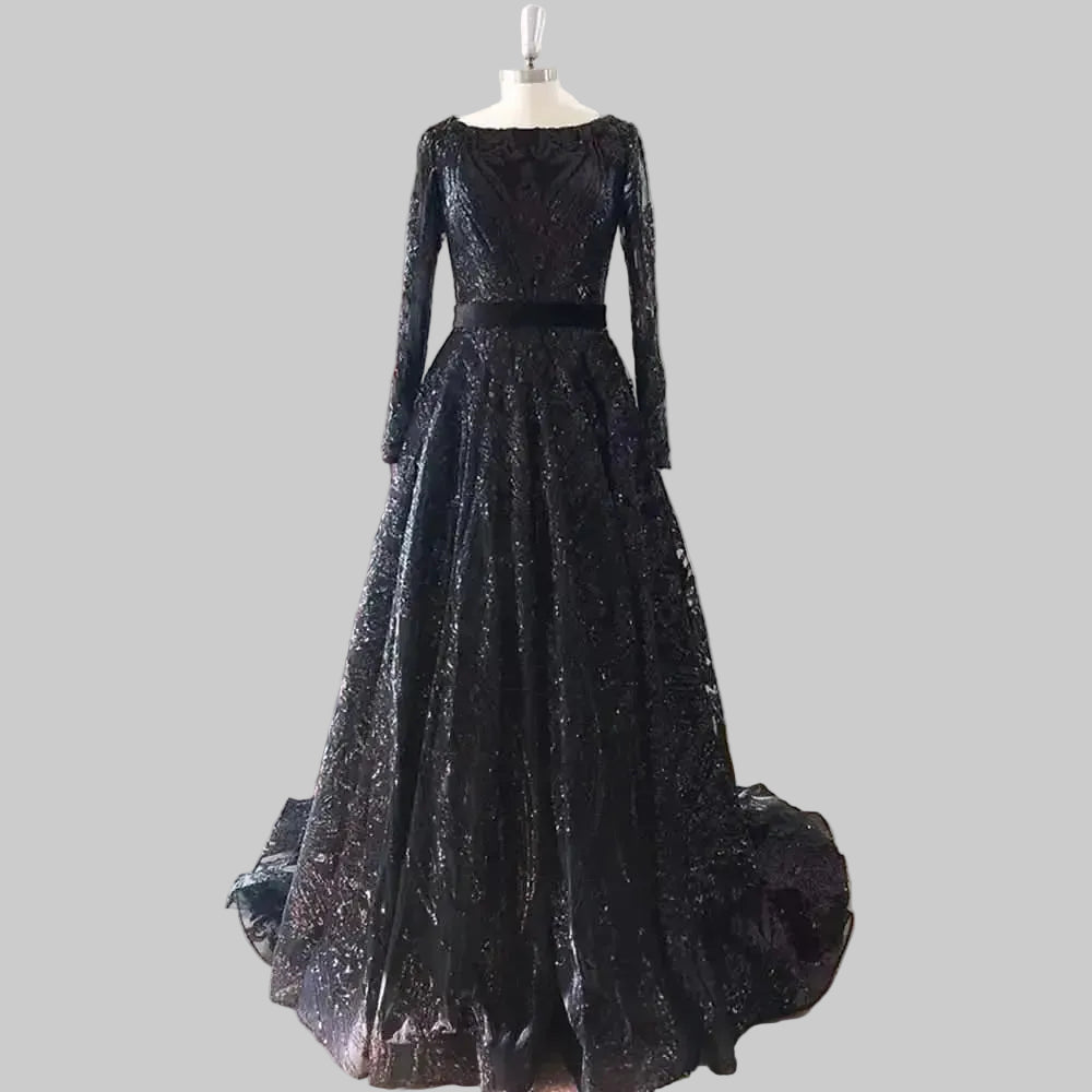 Dubai A-Line Luxury Wedding Evening Dress for Women Muslim 2025 Long Sleeves Sequin Plus Size Formal Prom Party Gown Customized black-zipper China Mainland H513ee1113fa04a6682a548f6c1502b48q Empire Rose