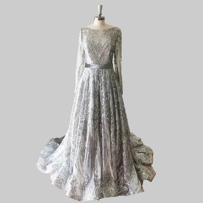 Dubai A-Line Luxury Wedding Evening Dress for Women Muslim 2025 Long Sleeves Sequin Plus Size Formal Prom Party Gown Customized silver-skin-zipper China Mainland H557629a3d7aa47f392a8d92974f83236y Empire Rose