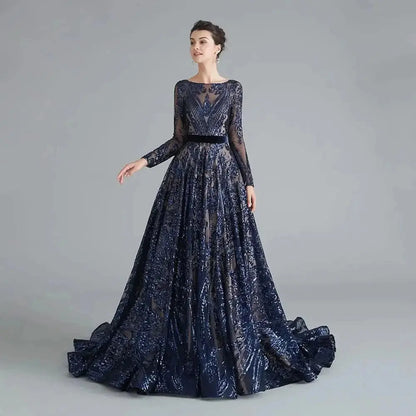 Dubai A-Line Luxury Wedding Evening Dress for Women Muslim 2025 Long Sleeves Sequin Plus Size Formal Prom Party Gown Customized H78403a8993204364af3cfded9effed55H Empire Rose