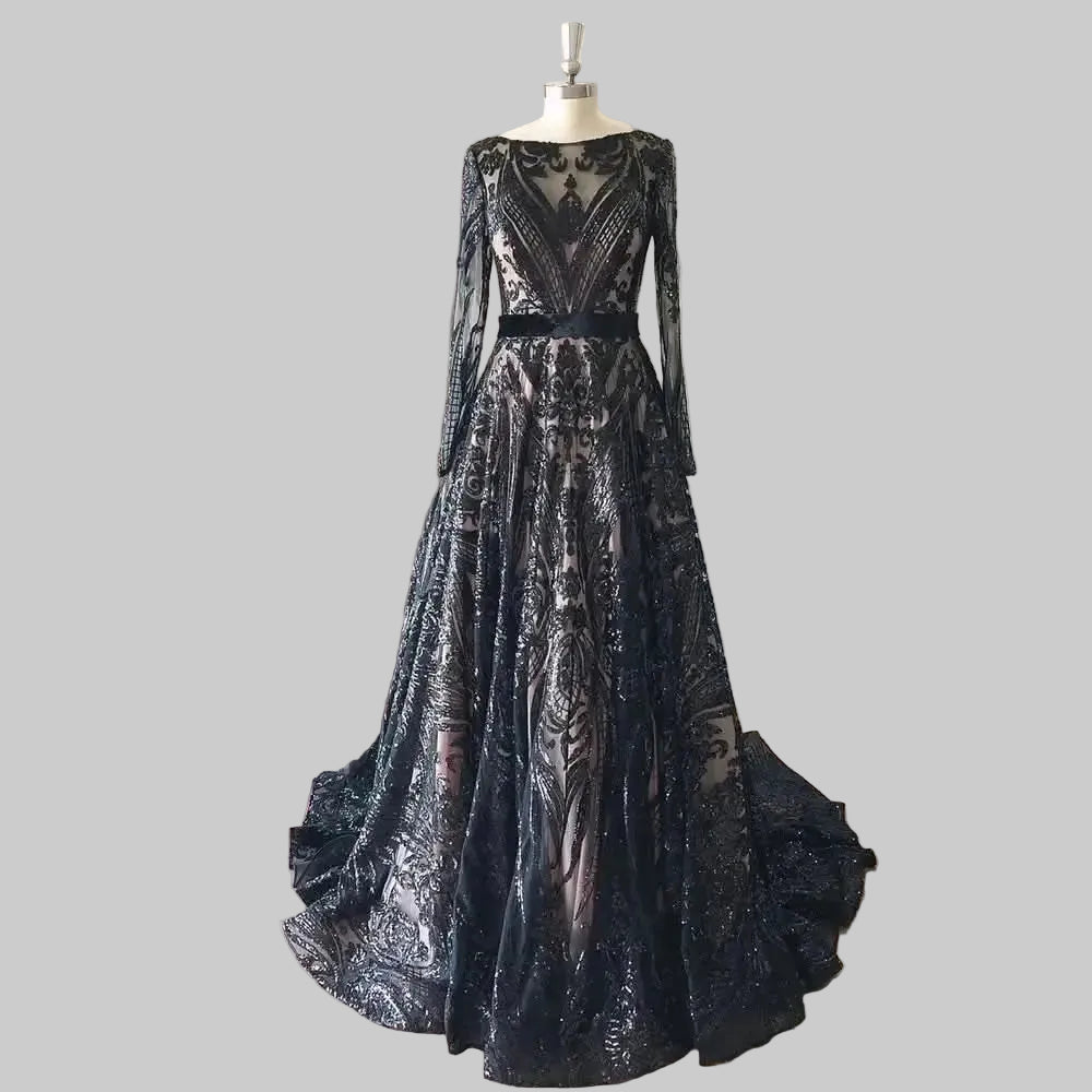 Dubai A-Line Luxury Wedding Evening Dress for Women Muslim 2025 Long Sleeves Sequin Plus Size Formal Prom Party Gown Customized black-skin-lace up China Mainland H83470e795c434111b04810805cfd5be5S Empire Rose