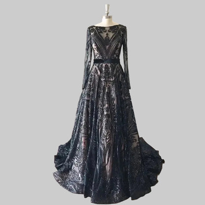Dubai A-Line Luxury Wedding Evening Dress for Women Muslim 2025 Long Sleeves Sequin Plus Size Formal Prom Party Gown Customized black-skin-lace up China Mainland H83470e795c434111b04810805cfd5be5S Empire Rose