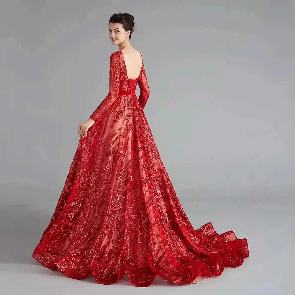 Dubai A-Line Luxury Wedding Evening Dress for Women Muslim 2025 Long Sleeves Sequin Plus Size Formal Prom Party Gown Customized H8fbb28f6eba545b1a319cb4f78343d2eK Empire Rose