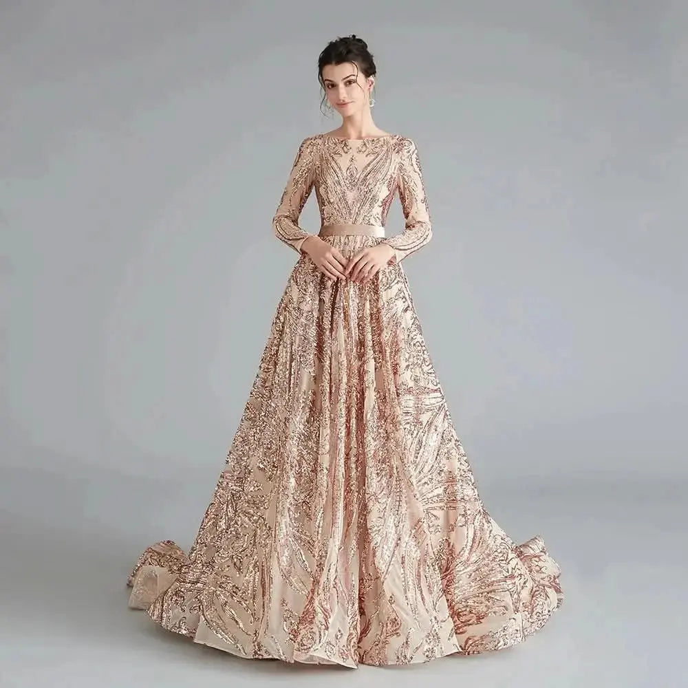 Dubai A-Line Luxury Wedding Evening Dress for Women Muslim 2025 Long Sleeves Sequin Plus Size Formal Prom Party Gown Customized Rose Gold-zipper China Mainland Hc834b3f6595641d9a709b74e61670d288 Empire Rose