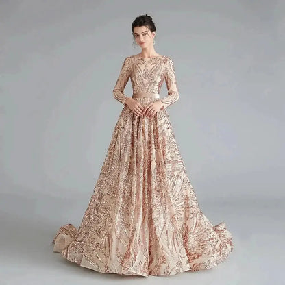 Dubai A-Line Luxury Wedding Evening Dress for Women Muslim 2025 Long Sleeves Sequin Plus Size Formal Prom Party Gown Customized Rose Gold-zipper China Mainland Hc834b3f6595641d9a709b74e61670d288 Empire Rose