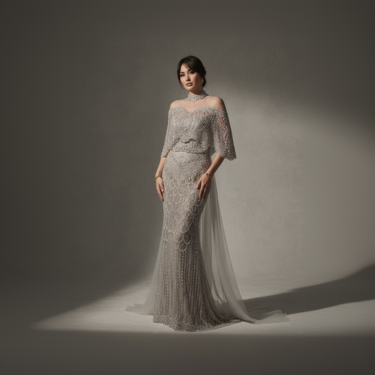 Woman wearing a silver beaded gown against a gray background