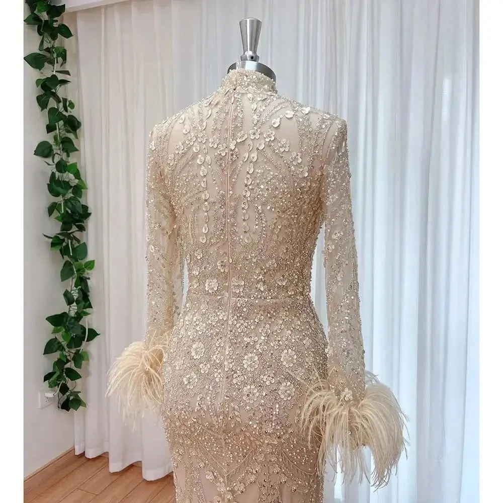 Elegant Lace Feather Muslim Evening Dress for Women Detachable Skirt 2025 Long Sleeves Formal Prom Wedding Party Gown Customized S002bc23e778741259d9823369fa7c224p Empire Rose