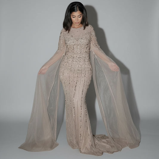 Beaded Tulle Mermaid Evening Dress | Cap Sleeve Court Train Formal